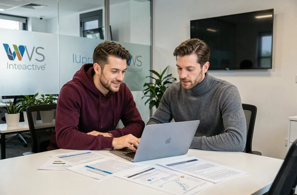 Deux développeurs web de l'agence WS Interactive collaborant autour d'un ordinateur portable en salle de réunion