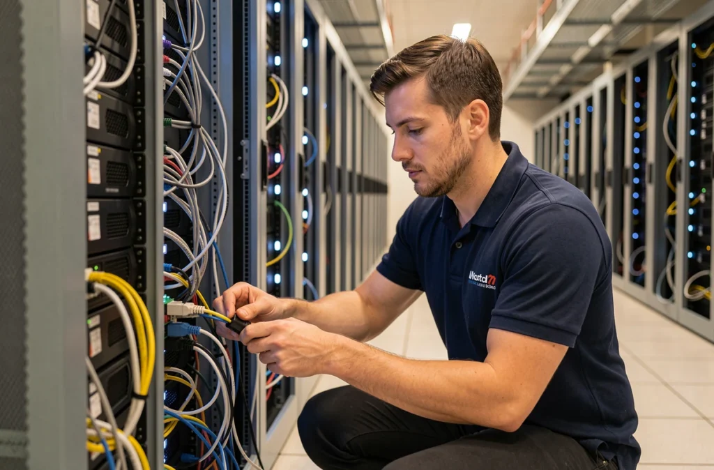 Technicien Axido réalisant une maintenance sur un rack de serveurs dans un datacenter multi-départemental