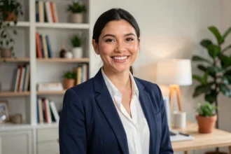Femme souriante avec un profil en ligne attrayant dans un bureau à domicile moderne, illustrant un profil Net Ech réussi qui génère des messages