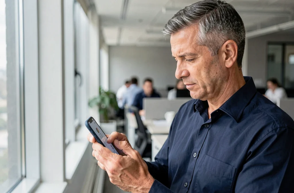 Homme au bureau utilisant son smartphone Android pour retrouver un texte copié dans le presse-papier