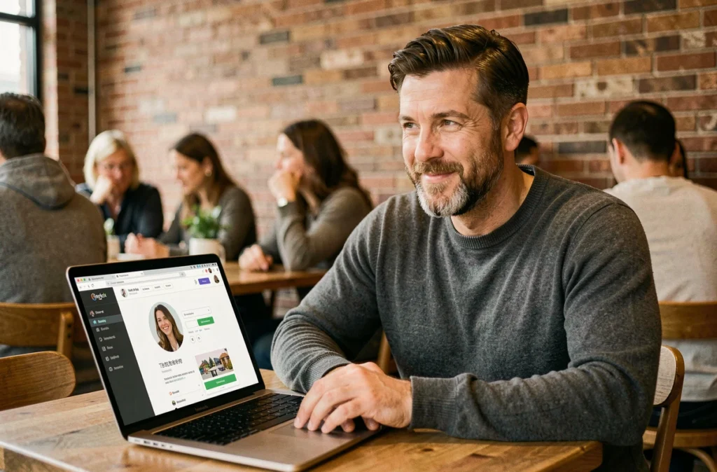 Homme consultant son profil de rencontre en ligne sur un ordinateur portable dans un café urbain, symbolisant un profil attractif qui reçoit de nombreux messages