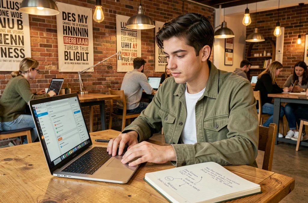 Développeur web indépendant de Jesuisuncreateur travaillant sur un thème WordPress dans un espace de coworking chaleureux à Toulouse