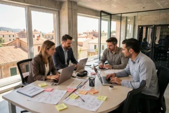 Équipe informatique en Occitanie travaillant ensemble sur des projets d'infogérance dans un open space moderne