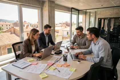 Équipe informatique en Occitanie travaillant ensemble sur des projets d'infogérance dans un open space moderne