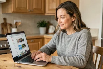 Mère consultant l'historique d'activité Google de son enfant sur un ordinateur portable dans la cuisine familiale
