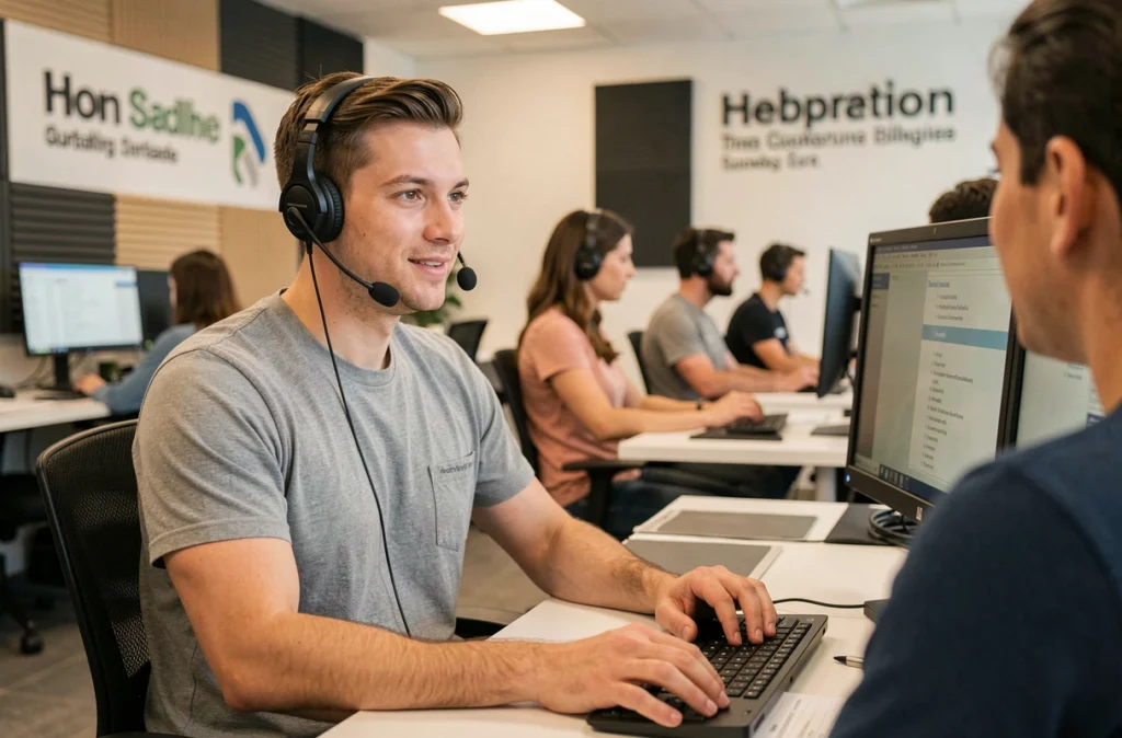 Agent du helpdesk NowTeam assistant une PME par téléphone depuis un centre de support informatique dédié