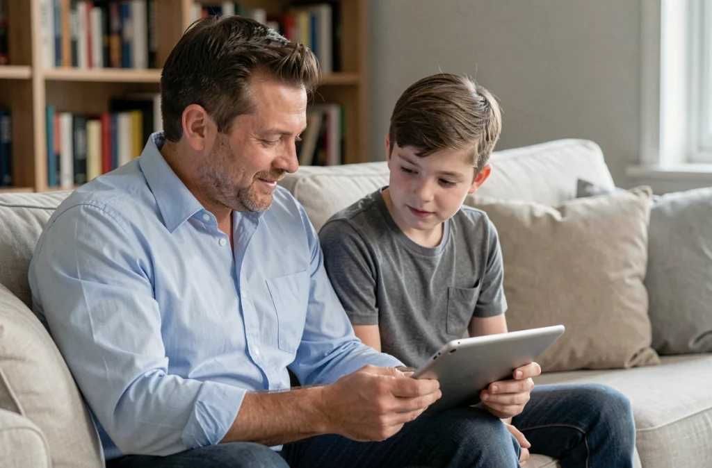 Père et fils adolescent regardant ensemble un compte Google et ses paramètres d'activité sur une tablette