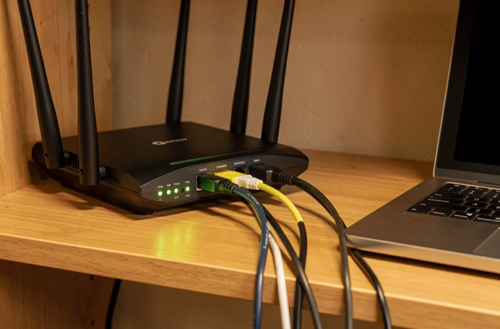 Box internet avec voyants allumés posée à côté d'un ordinateur portable