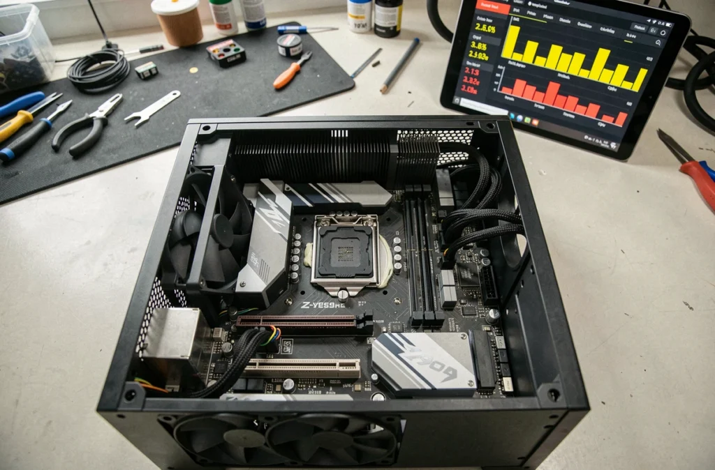 Vue de dessus d'un PC gaming ouvert montrant le ventirad CPU et la carte graphique avec logiciel de température affiché