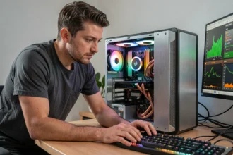 Passionné de PC mesurant la température du CPU et du GPU sur un ordinateur de bureau ouvert avec logiciel de monitoring